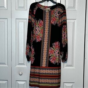 Emma & Michele Mandala FloralBlack Bold Print Gathered Sleeves Boho Dress
